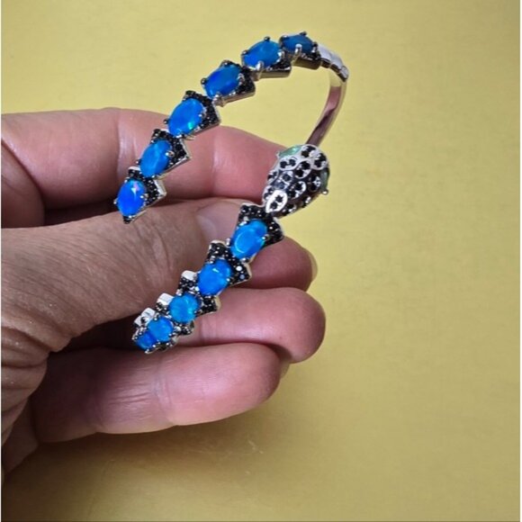 Natural Blue Opal, Emerald & Spinel 925 Sterling Silver Snake Bangle Bracelet - Picture 6 of 7